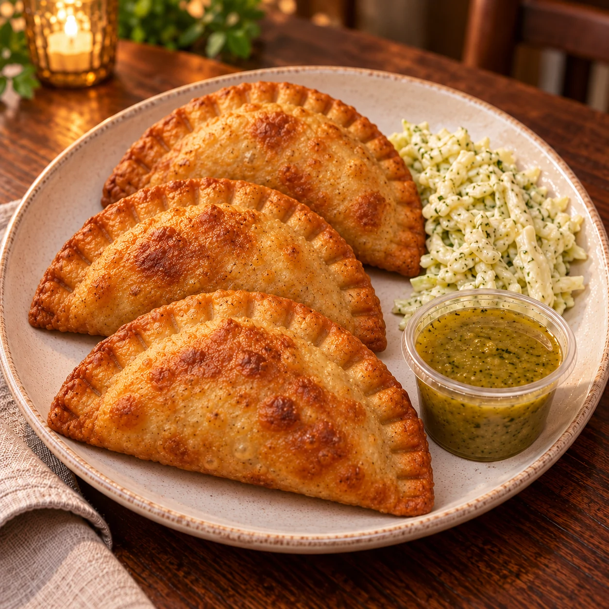 Serving illustration of 3 empanadas + special cabbage salad, with a cup of Daniel’s green sauce