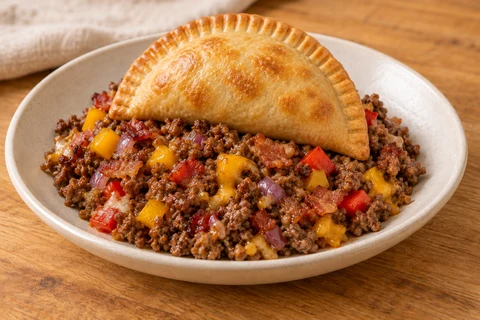 Ingredient illustration of one golden empanada over chopped beef, melted mozzarella and cheddar, bacon, red onion and sweet pepper.